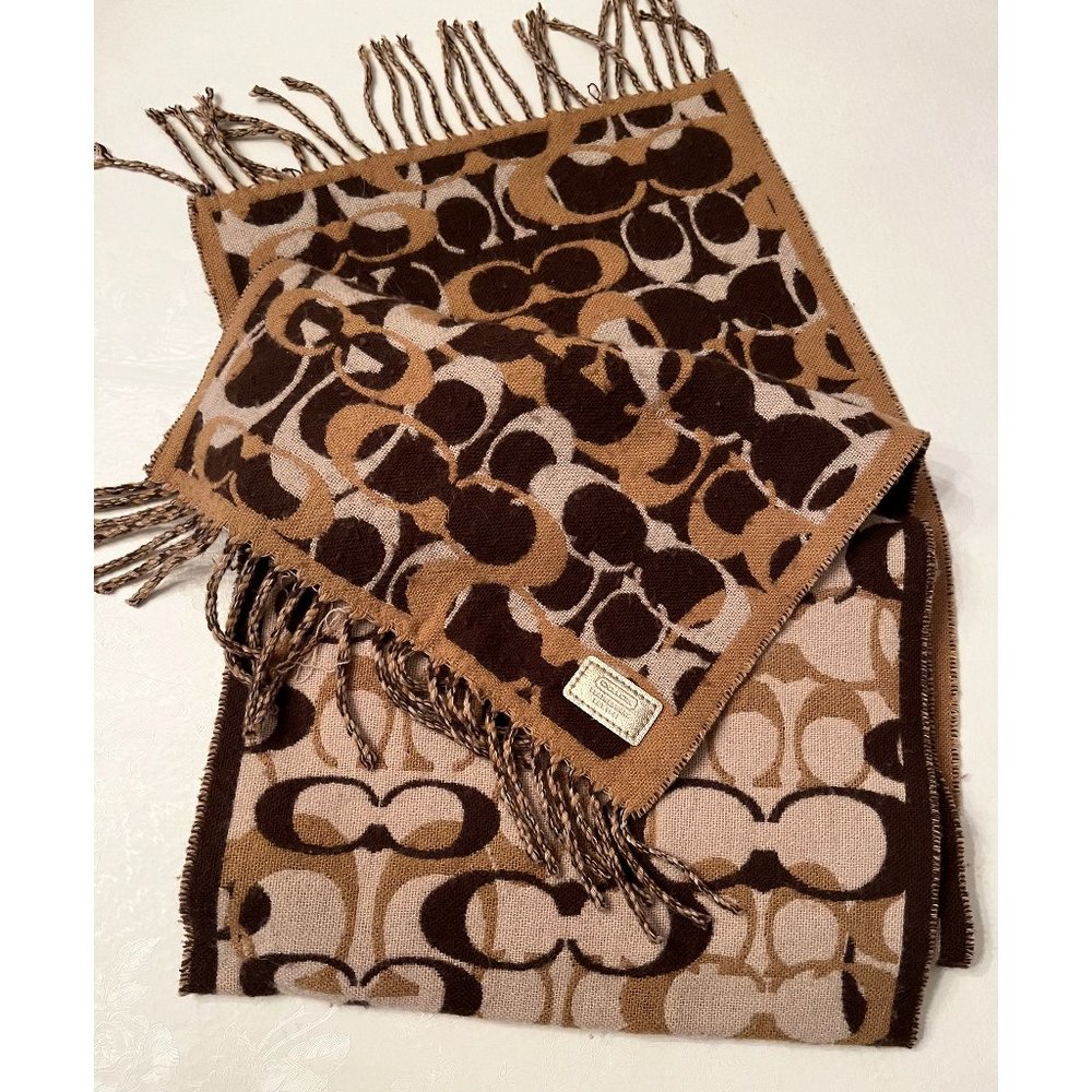 Coach NEW Brown Logo Scarf Wool/Cashmere Fringe NWOT